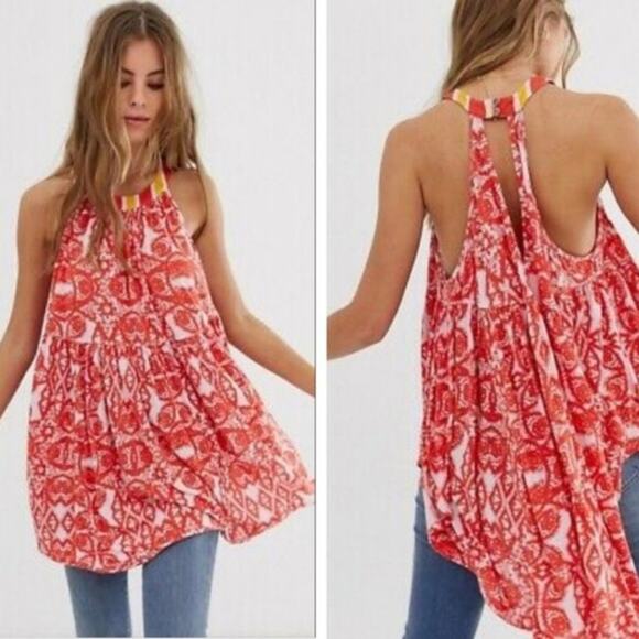 FREE PEOPLE Orange Mimi Boho Tunic Swing Top Small $88 NWT Summer Floral - Picture 3 of 12